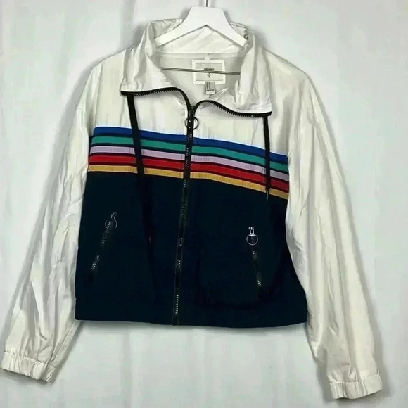 Forever 21 Jacket White/Navy L Striped Color Block Drawstring Neck Zip Up EUC - Picture 1 of 13